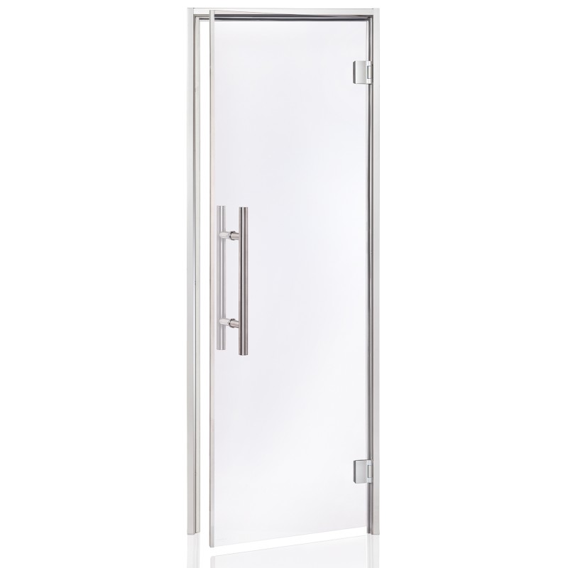 Porte gamme PREMIUM, cadre alu satiné, verre transparent 8mm