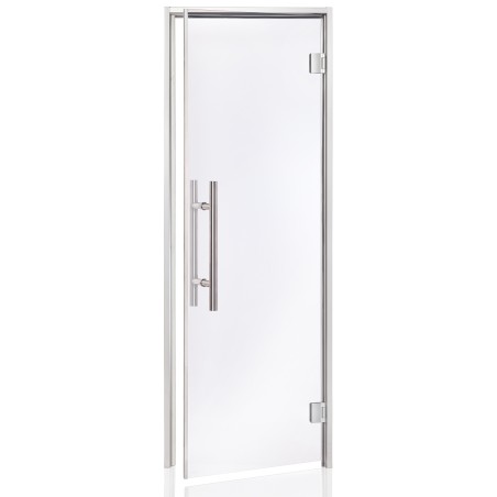 Porte gamme PREMIUM, cadre alu satiné, verre transparent 8mm